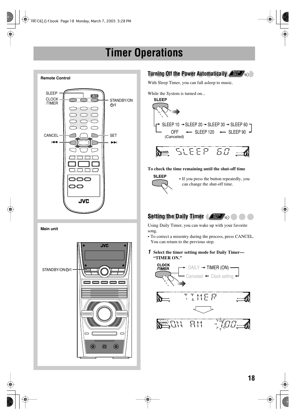 Timer operations, Turning off the power automatically, Setting the daily timer | JVC CA-HXC6 User Manual | Page 21 / 28