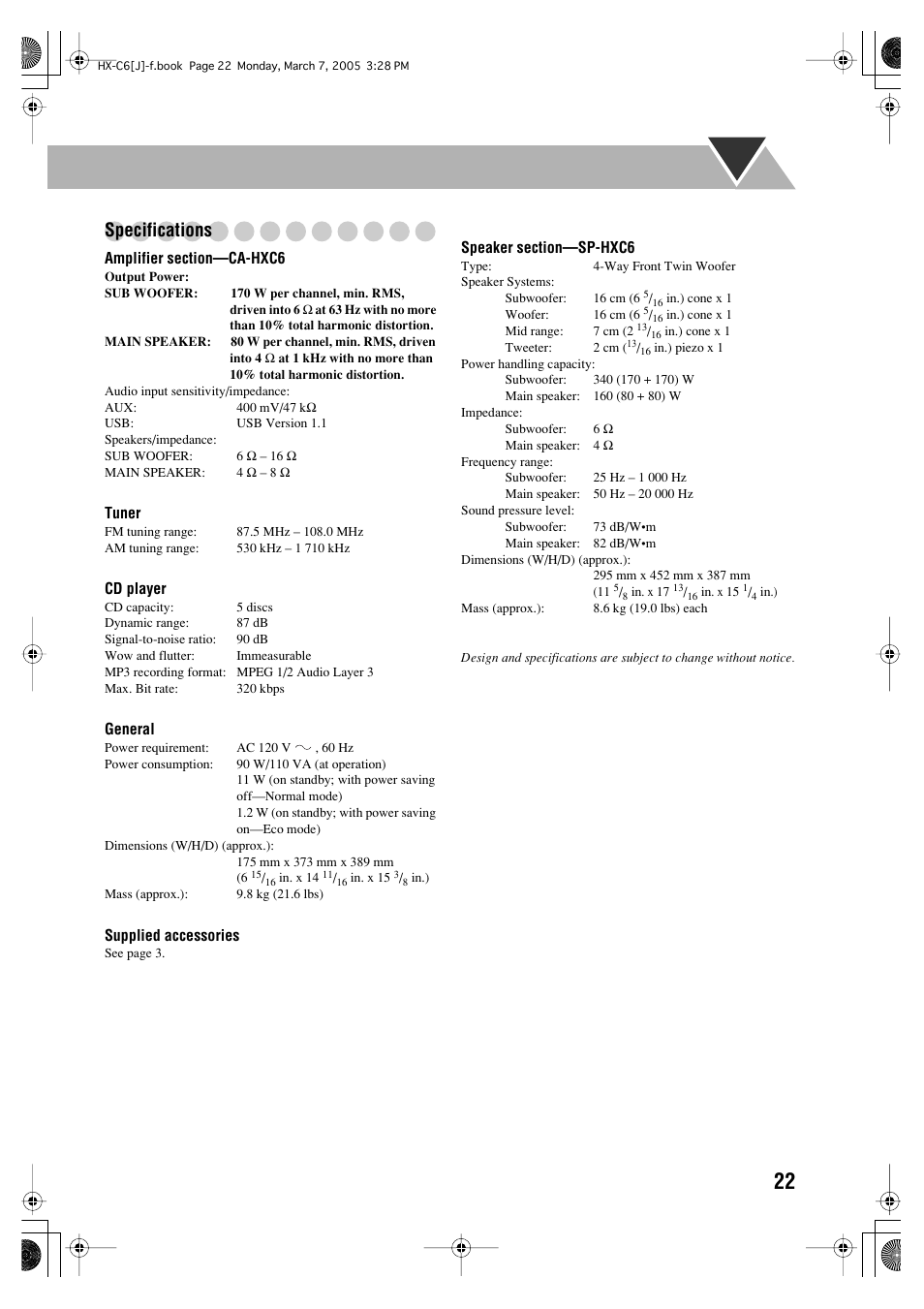 Specifications | JVC CA-HXC6 User Manual | Page 25 / 28