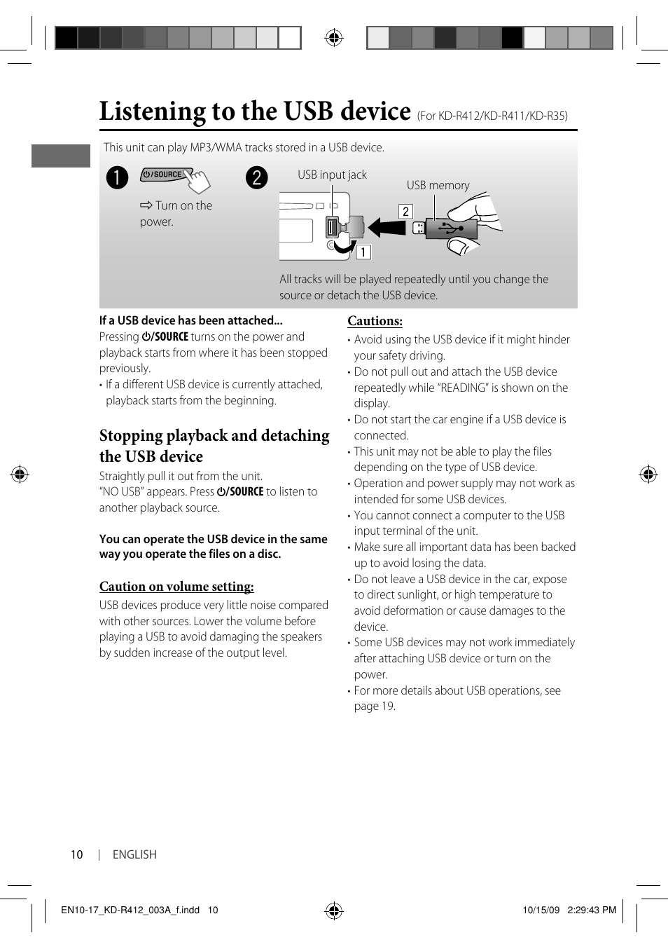 Listening to the usb device, Stopping playback and detaching the usb device | JVC KD-R311 User Manual | Page 10 / 42