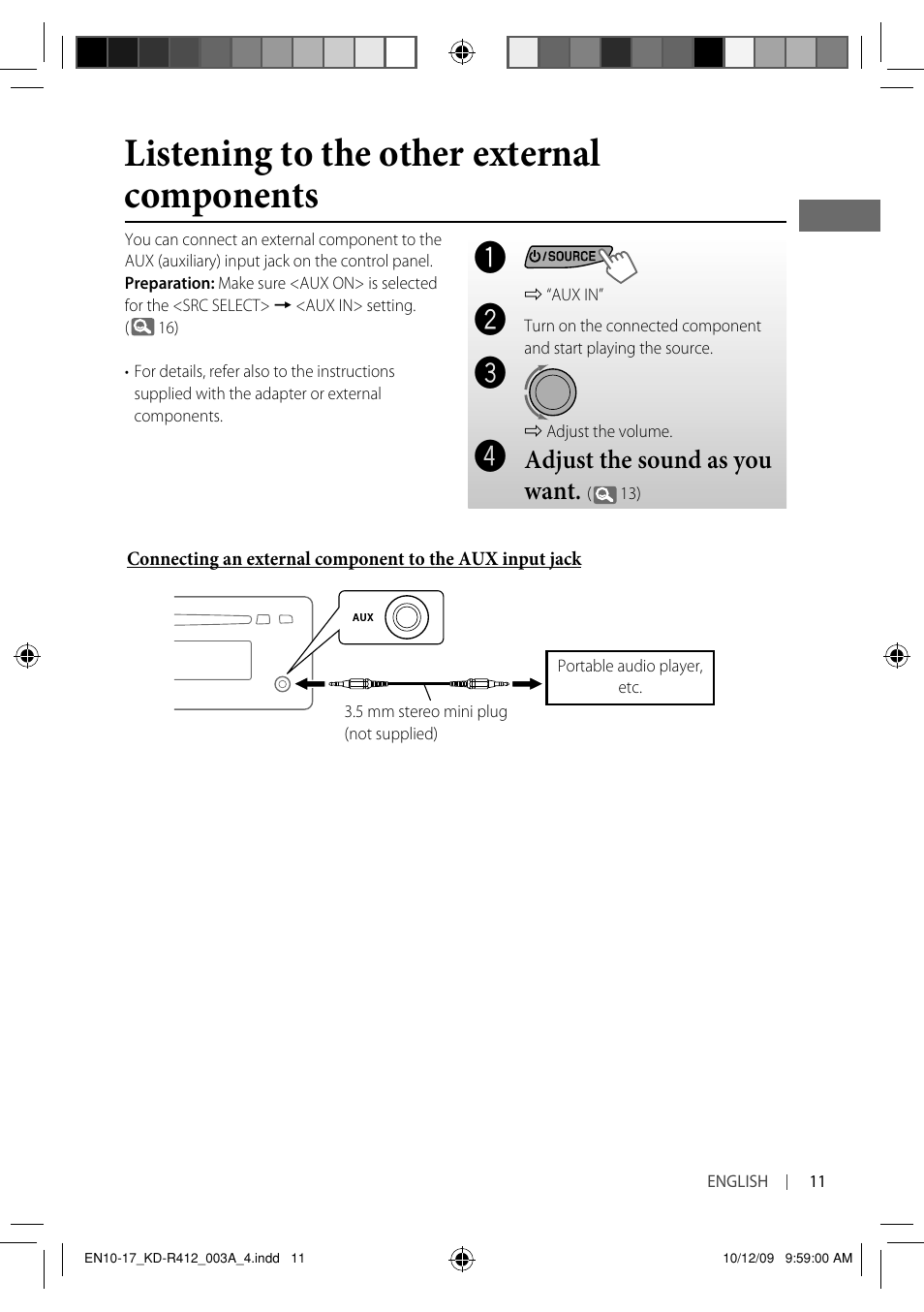 Listening to the other external components, Adjust the sound as you want | JVC KD-R311 User Manual | Page 11 / 42
