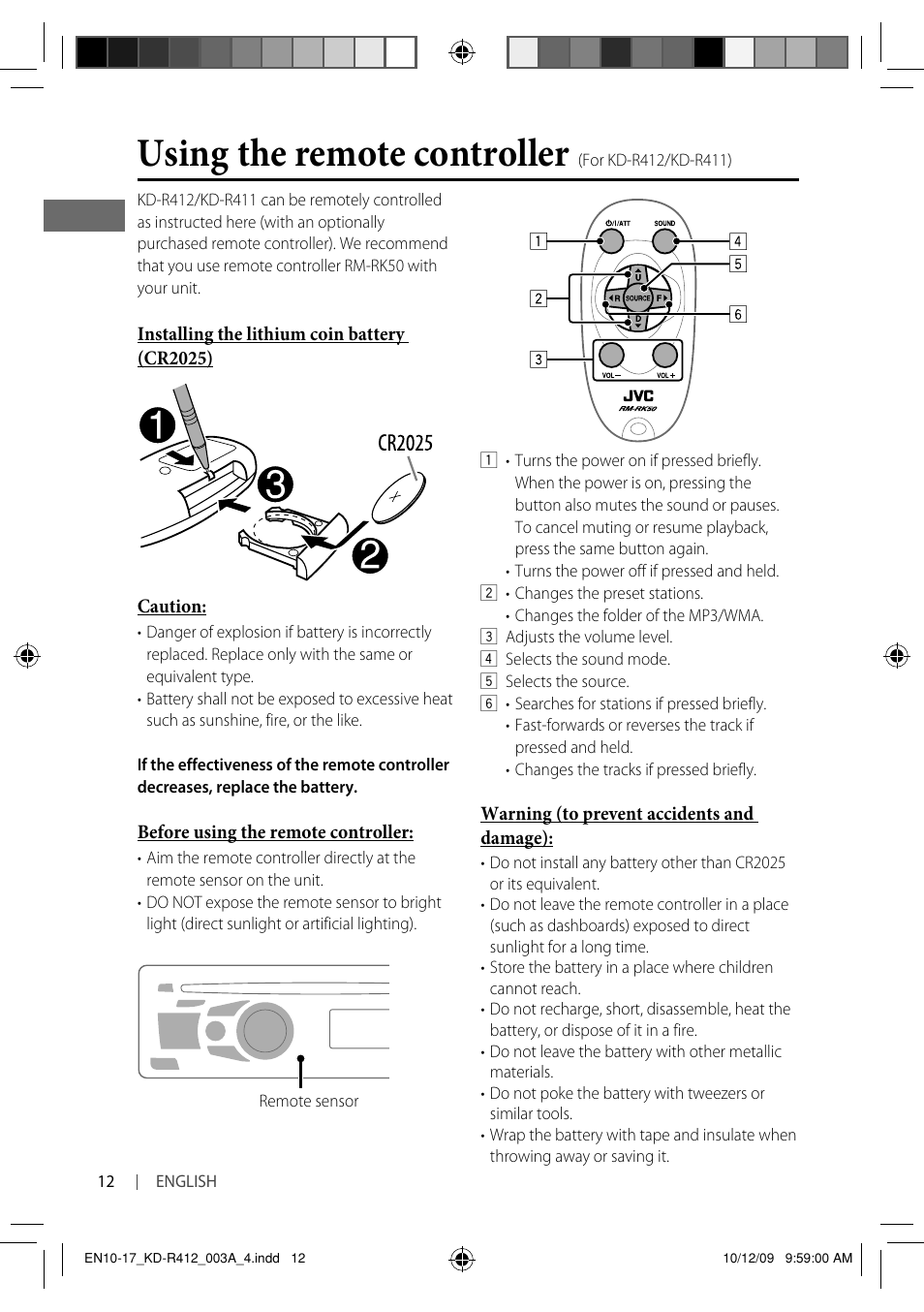 Using the remote controller (for kd-r412/kd-r411), Using the remote controller | JVC KD-R311 User Manual | Page 12 / 42