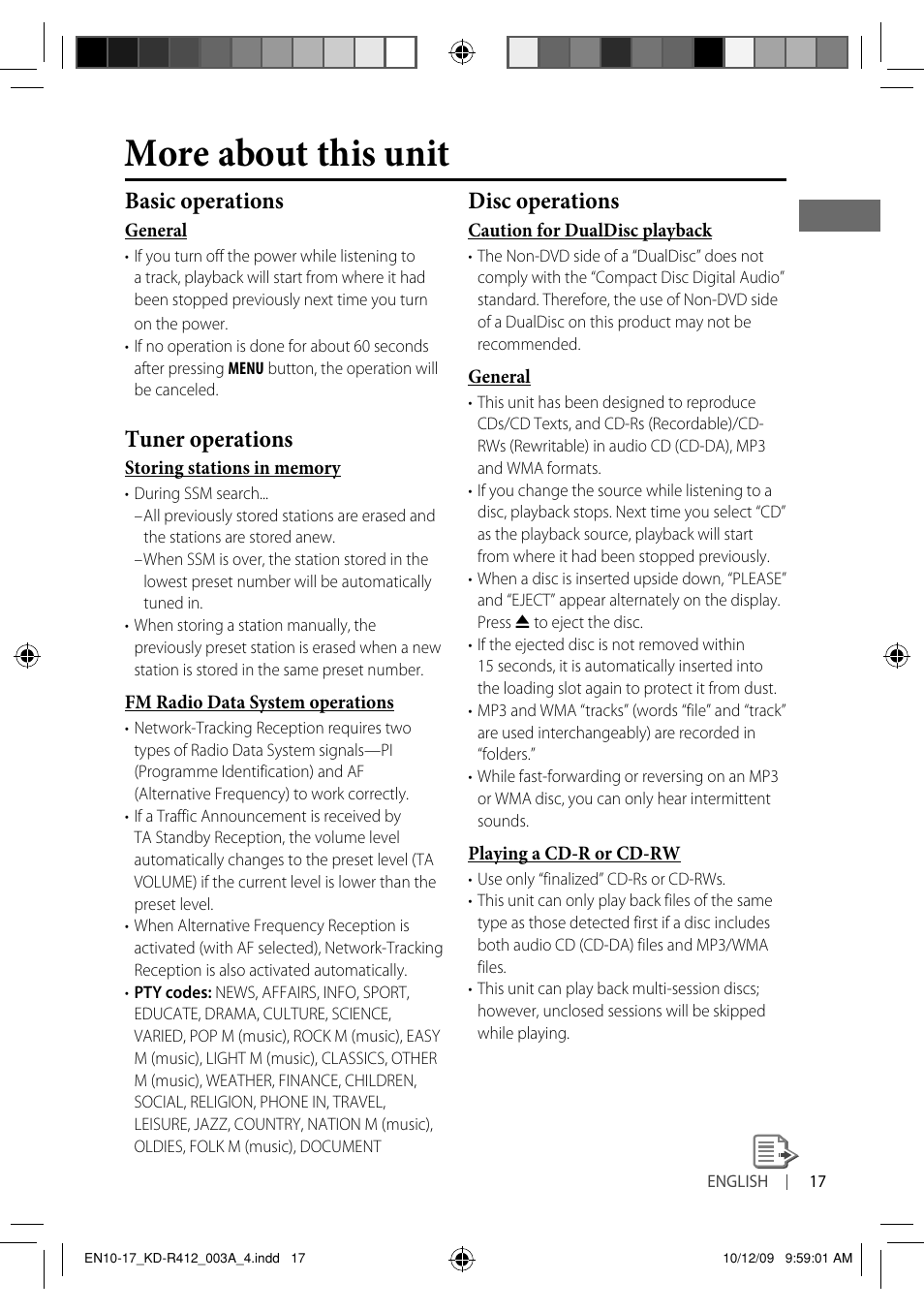 More about this unit, Basic operations, Tuner operations | Disc operations | JVC KD-R311 User Manual | Page 17 / 42