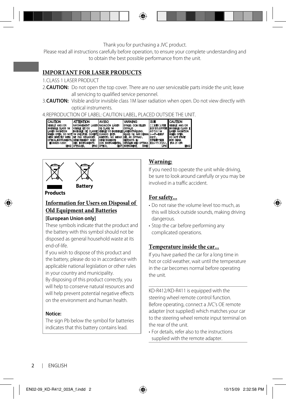 Important for laser products | JVC KD-R311 User Manual | Page 2 / 42