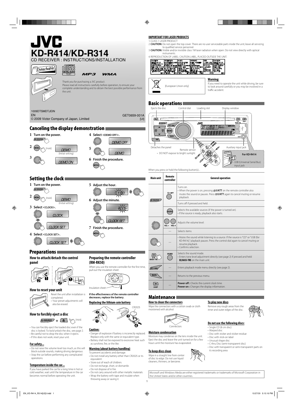 Kd-r414/kd-r314, Instructions/installation, Important for laser products | Canceling the display demonstration, Setting the clock, Preparations, Basic operations, Maintenance, Cd receiver : instructions/installation, How to forcibly eject a disc | JVC KD-R311 User Manual | Page 33 / 42