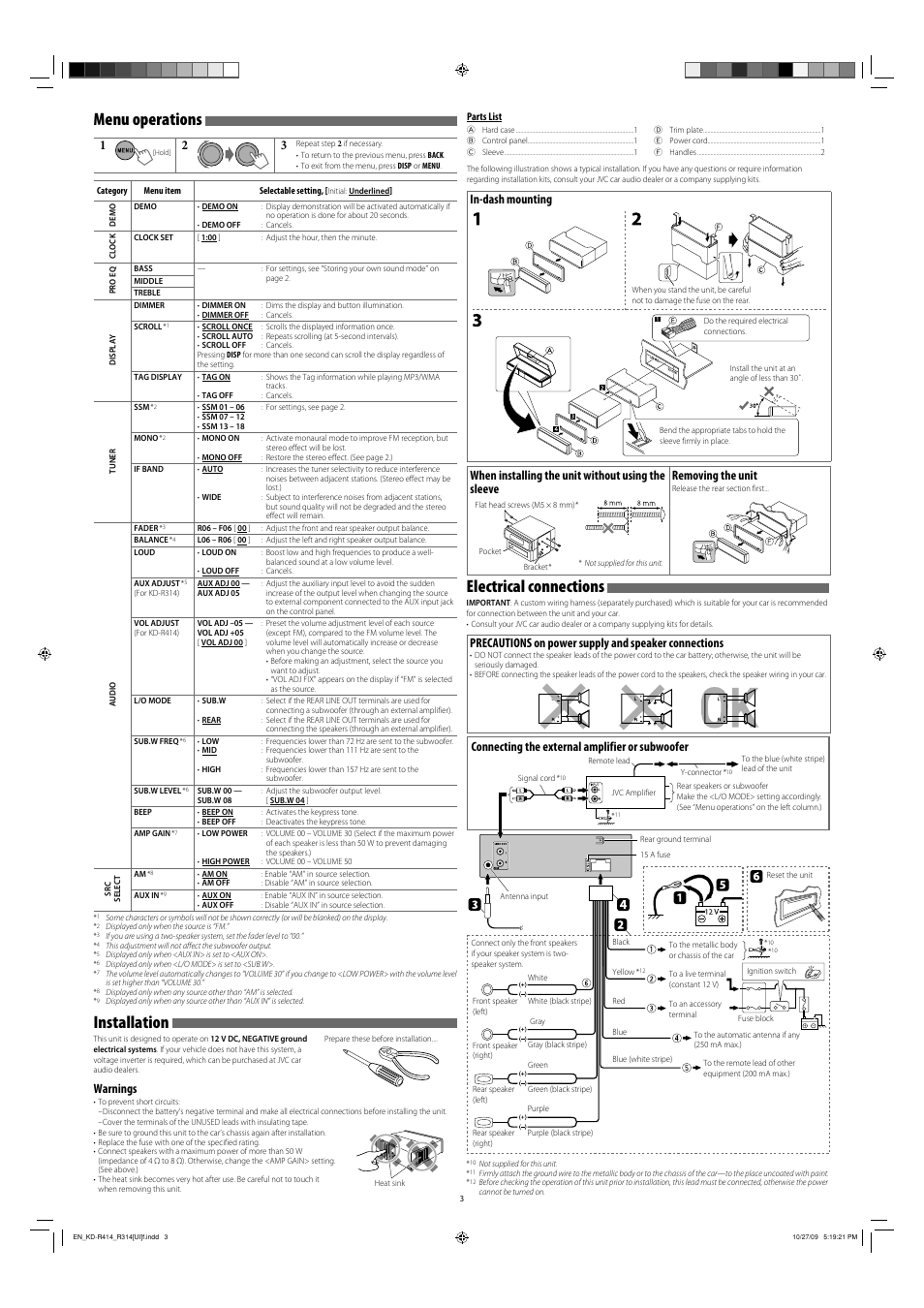 Menu operations, Installation, Electrical connections | Warnings, Connecting the external amplifier or subwoofer, Parts list | JVC KD-R311 User Manual | Page 35 / 42