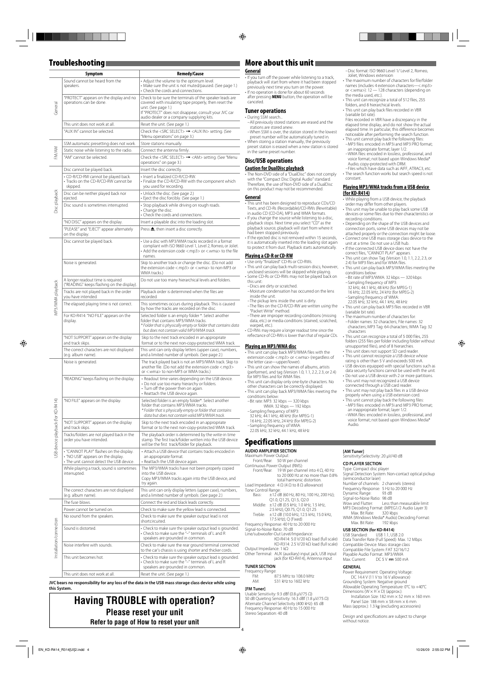 Troubleshooting, More about this unit, Specifications | Having trouble with operation, Please reset your unit, Tuner operations, Disc/usb operations, Refer to page of how to reset your unit, General, Caution for dualdisc playback | JVC KD-R311 User Manual | Page 36 / 42