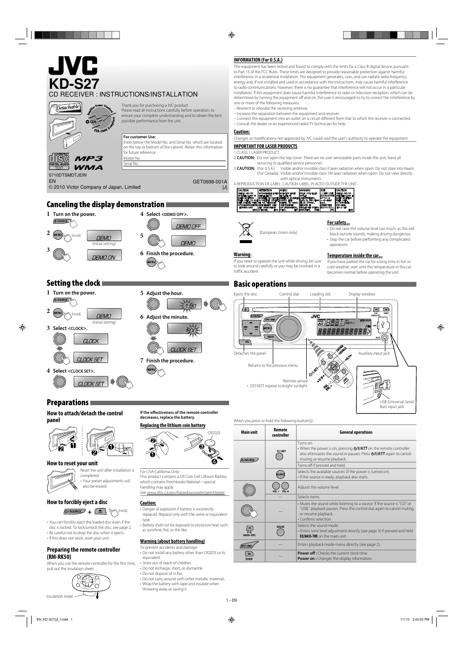 Kd-s27, Instructions/installation, Information (for u.s.a.) | Important for laser products, Canceling the display demonstration, Setting the clock, Basic operations, Preparations, Cd receiver : instructions/installation, How to forcibly eject a disc | JVC KD-R311 User Manual | Page 37 / 42