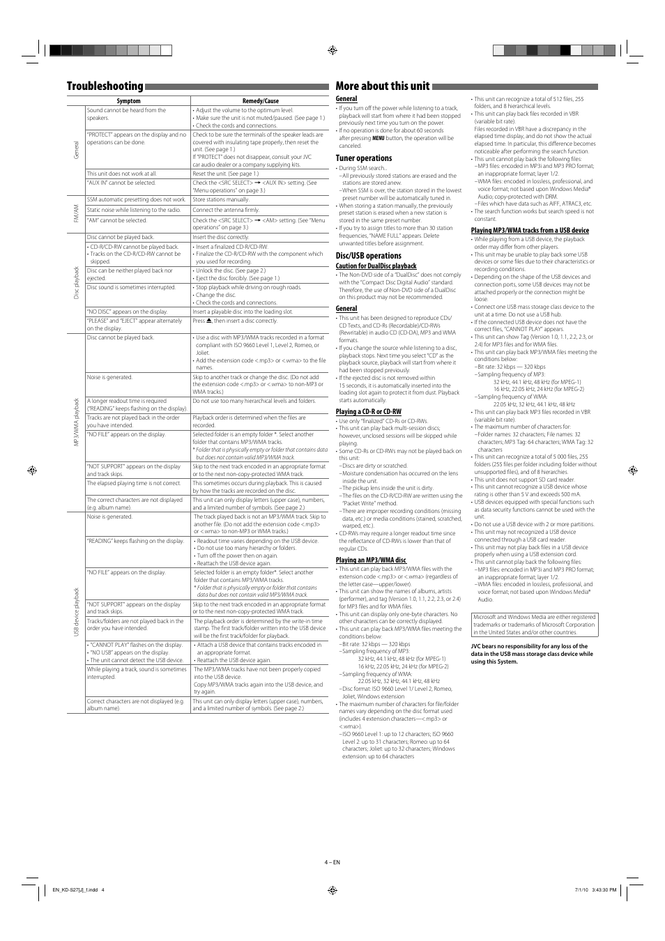 Troubleshooting, More about this unit, Tuner operations | Disc/usb operations, General, Caution for dualdisc playback, Playing a cd-r or cd-rw, Playing an mp3/wma disc, Playing mp3/wma tracks from a usb device | JVC KD-R311 User Manual | Page 40 / 42