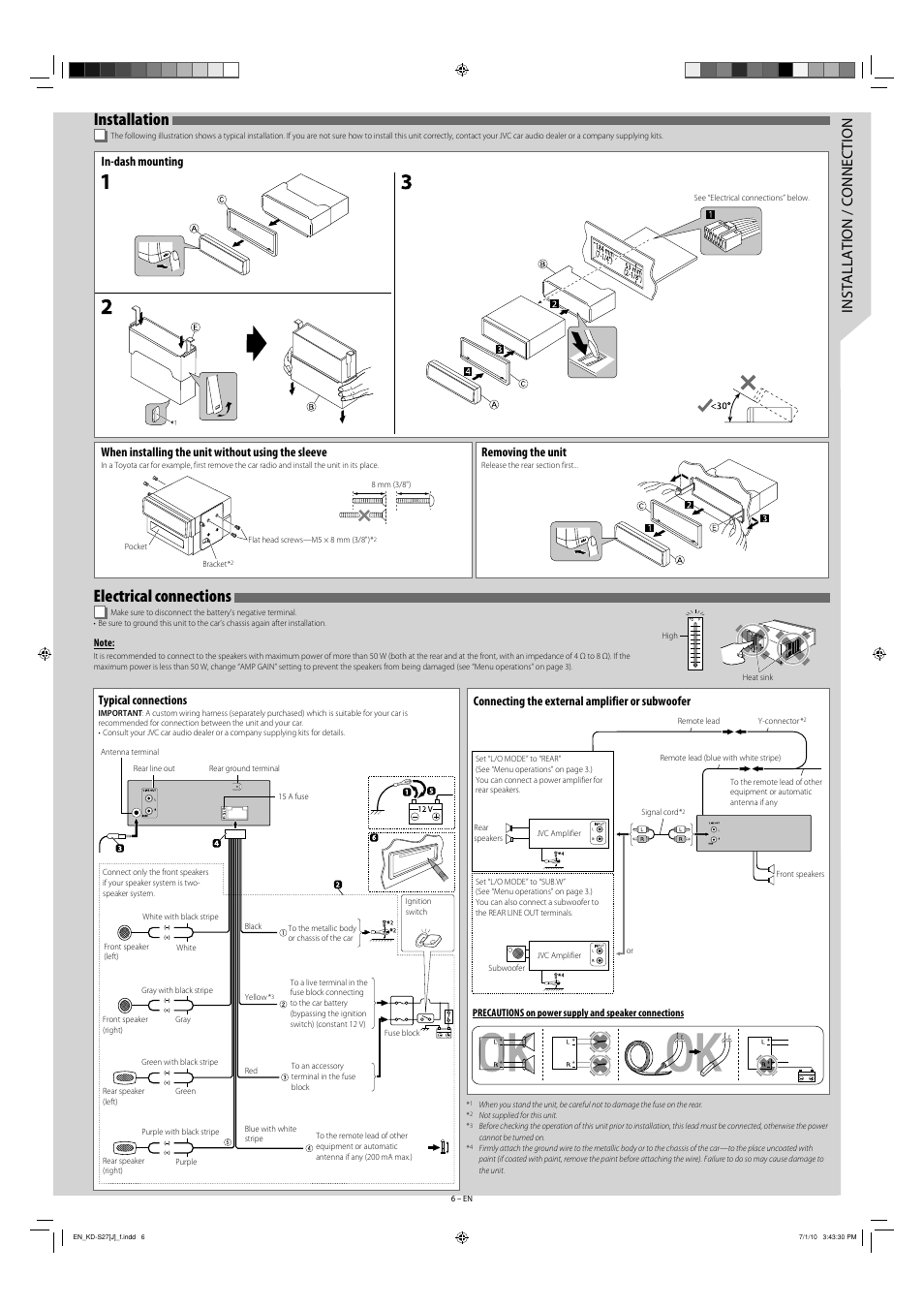 Installation, Electrical connections, Installation / connection | Removing the unit, When installing the unit without using the sleeve, Connecting the external amplifier or subwoofer, In-dash mounting, Typical connections | JVC KD-R311 User Manual | Page 42 / 42