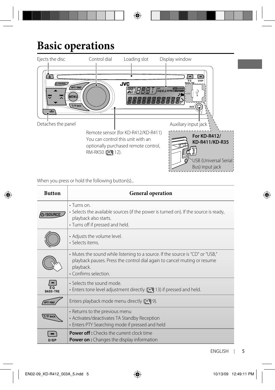 Basic operations | JVC KD-R311 User Manual | Page 5 / 42