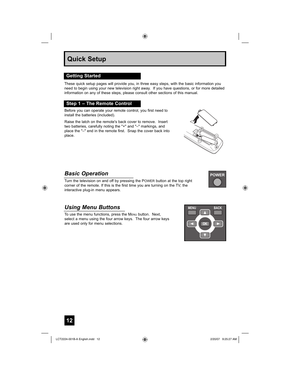 Getting started, Step 1 – the remote control, Quick setup | Using menu buttons, Basic operation | JVC 0207TNH-II-IM User Manual | Page 12 / 72