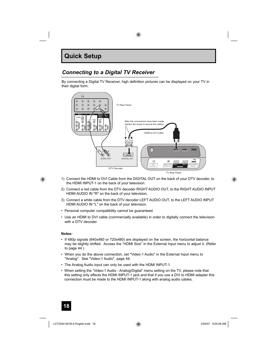 Quick setup, Connecting to a digital tv receiver | JVC 0207TNH-II-IM User Manual | Page 18 / 72