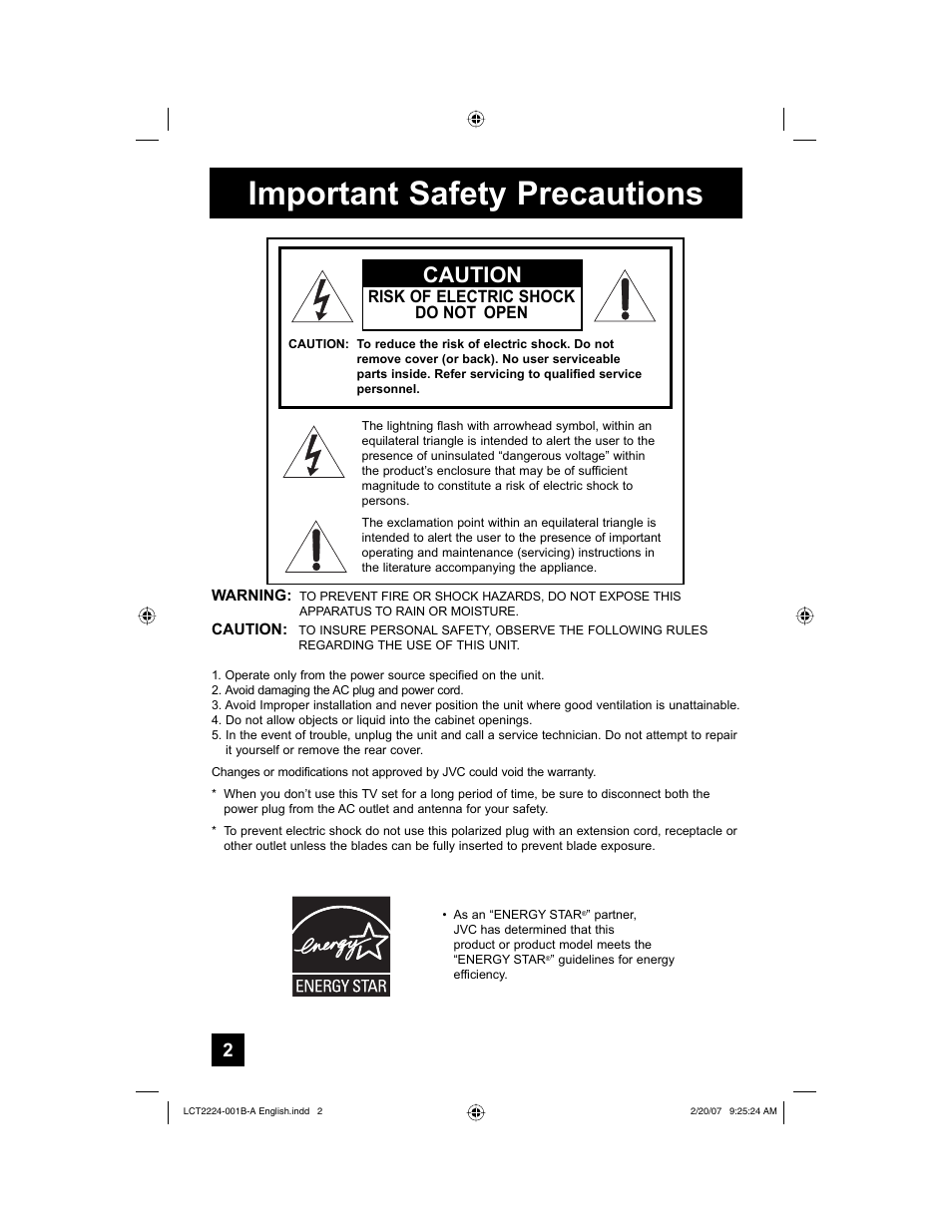 Important safety precautions, Caution, Risk of electric shock do not open | JVC 0207TNH-II-IM User Manual | Page 2 / 72