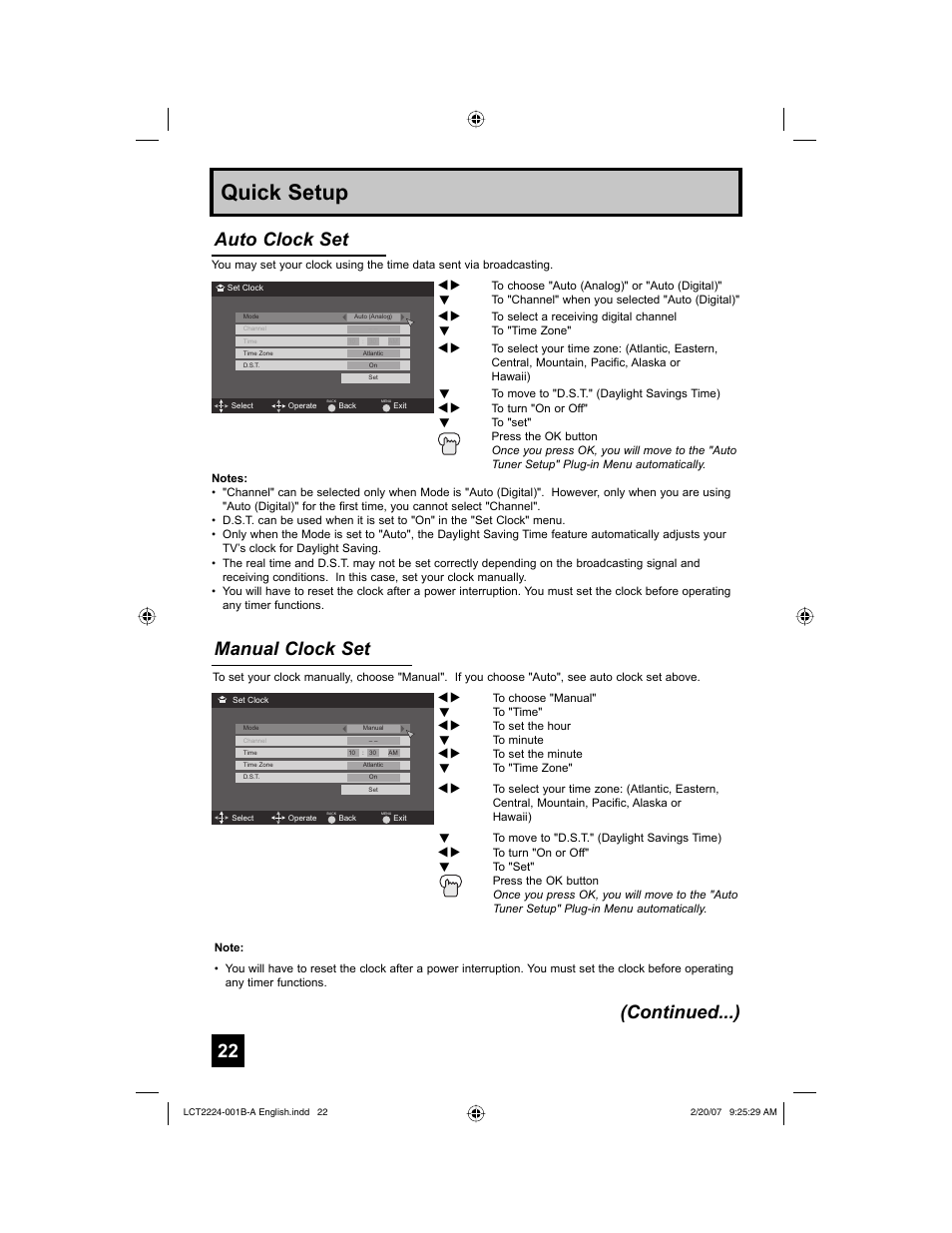 Quick setup, Manual clock set, Auto clock set (continued...) | JVC 0207TNH-II-IM User Manual | Page 22 / 72