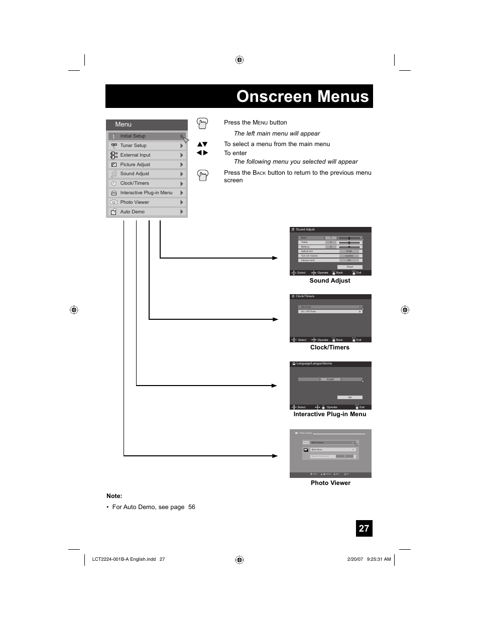 Onscreen menus, Back, Menu | Press the m, Button to return to the previous menu screen, Sound adjust, Clock/timers, Interactive plug-in menu | JVC 0207TNH-II-IM User Manual | Page 27 / 72