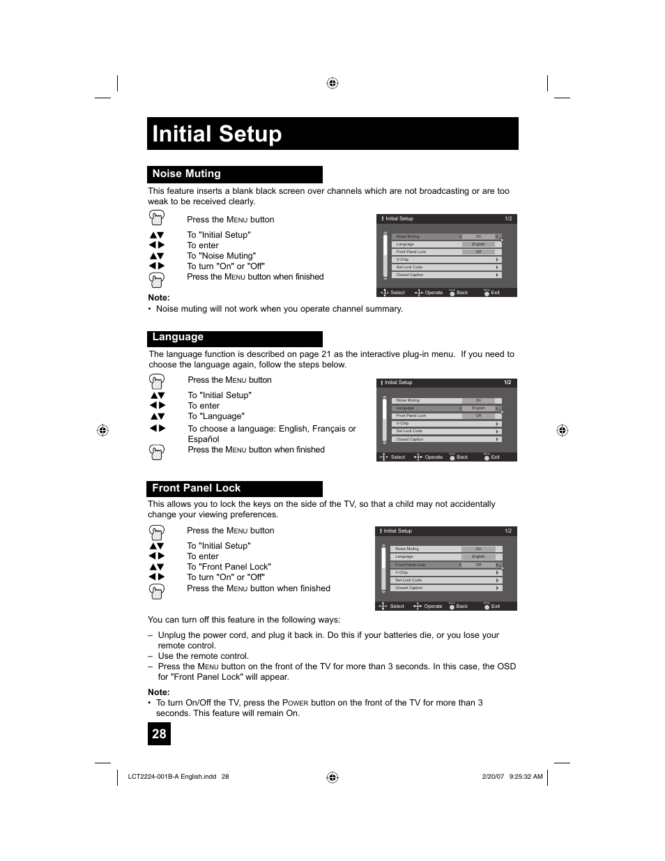 Initial setup, Noise muting, Language | Front panel lock | JVC 0207TNH-II-IM User Manual | Page 28 / 72