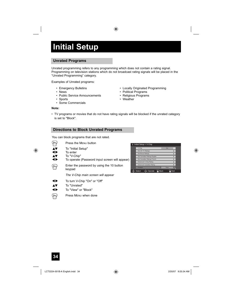 Initial setup, Directions to block unrated programs, Unrated programs | JVC 0207TNH-II-IM User Manual | Page 34 / 72