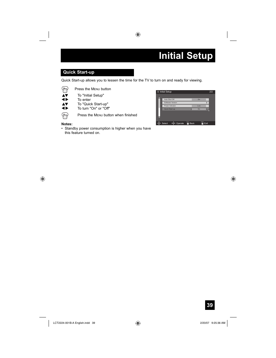 Quick start-up, Initial setup | JVC 0207TNH-II-IM User Manual | Page 39 / 72