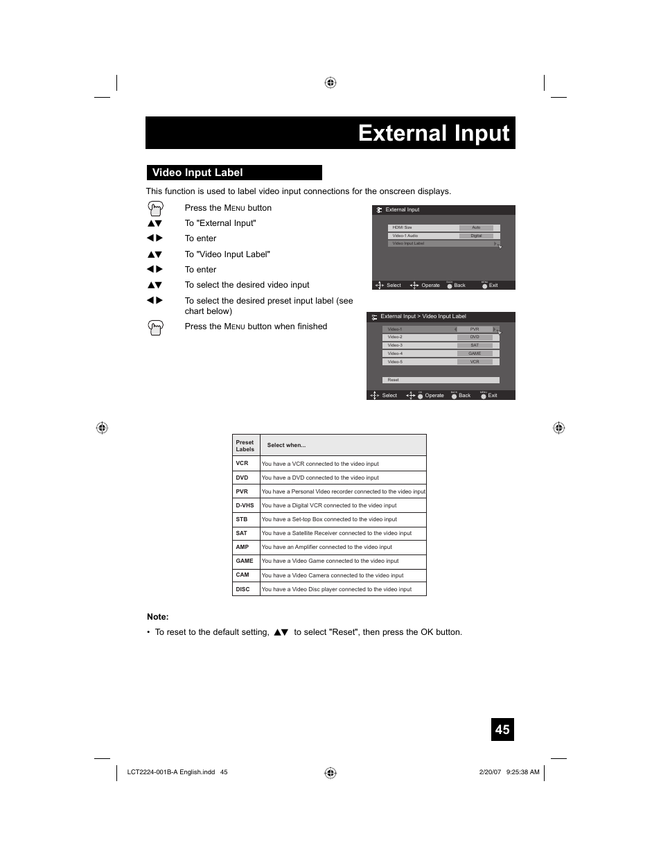 Video input label, External input | JVC 0207TNH-II-IM User Manual | Page 45 / 72