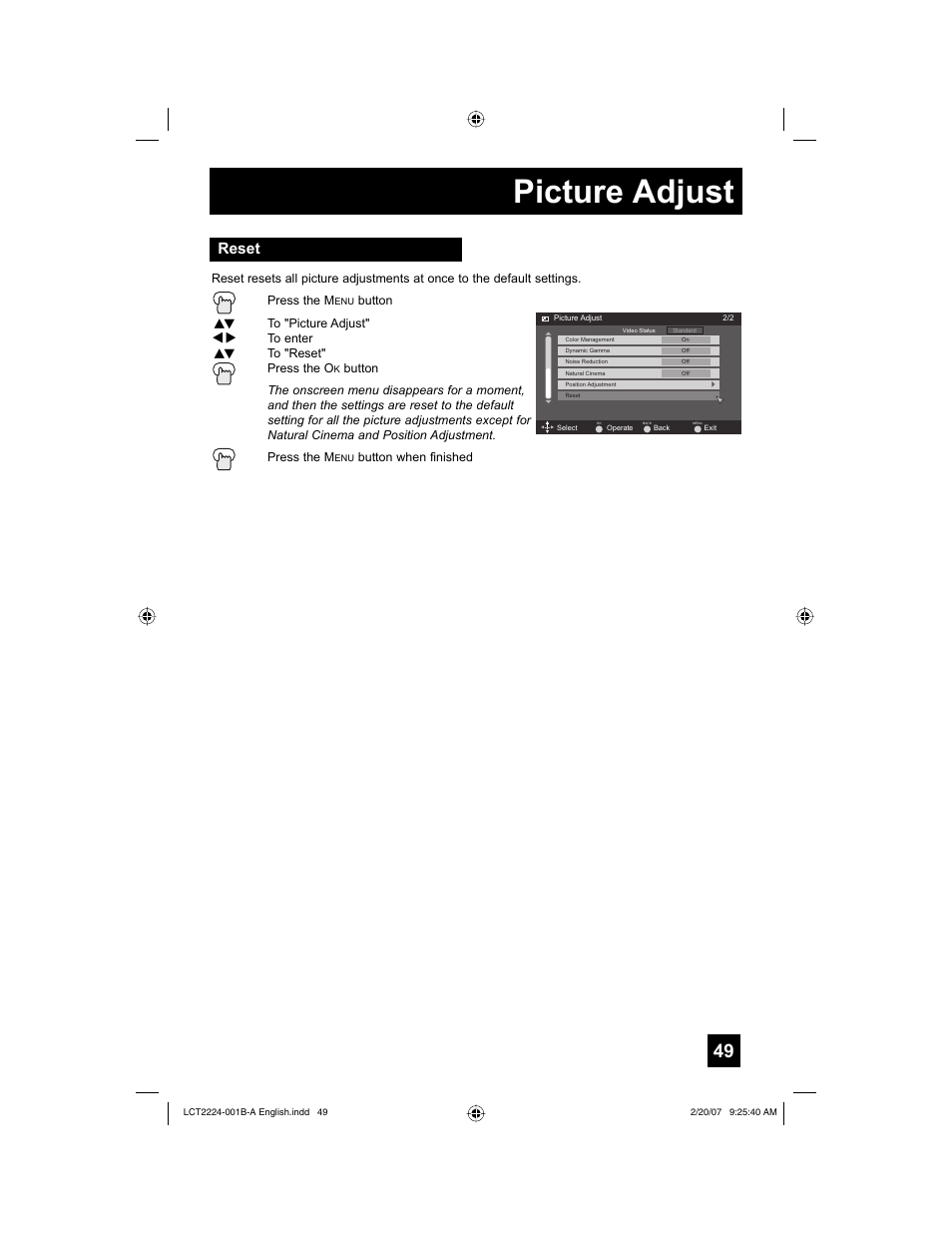 Reset, Picture adjust | JVC 0207TNH-II-IM User Manual | Page 49 / 72