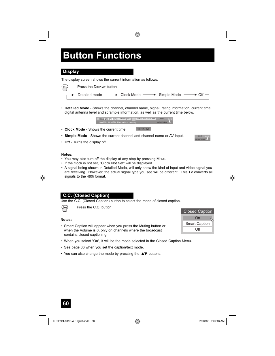 Display, C.c. (closed caption), Button functions | JVC 0207TNH-II-IM User Manual | Page 60 / 72