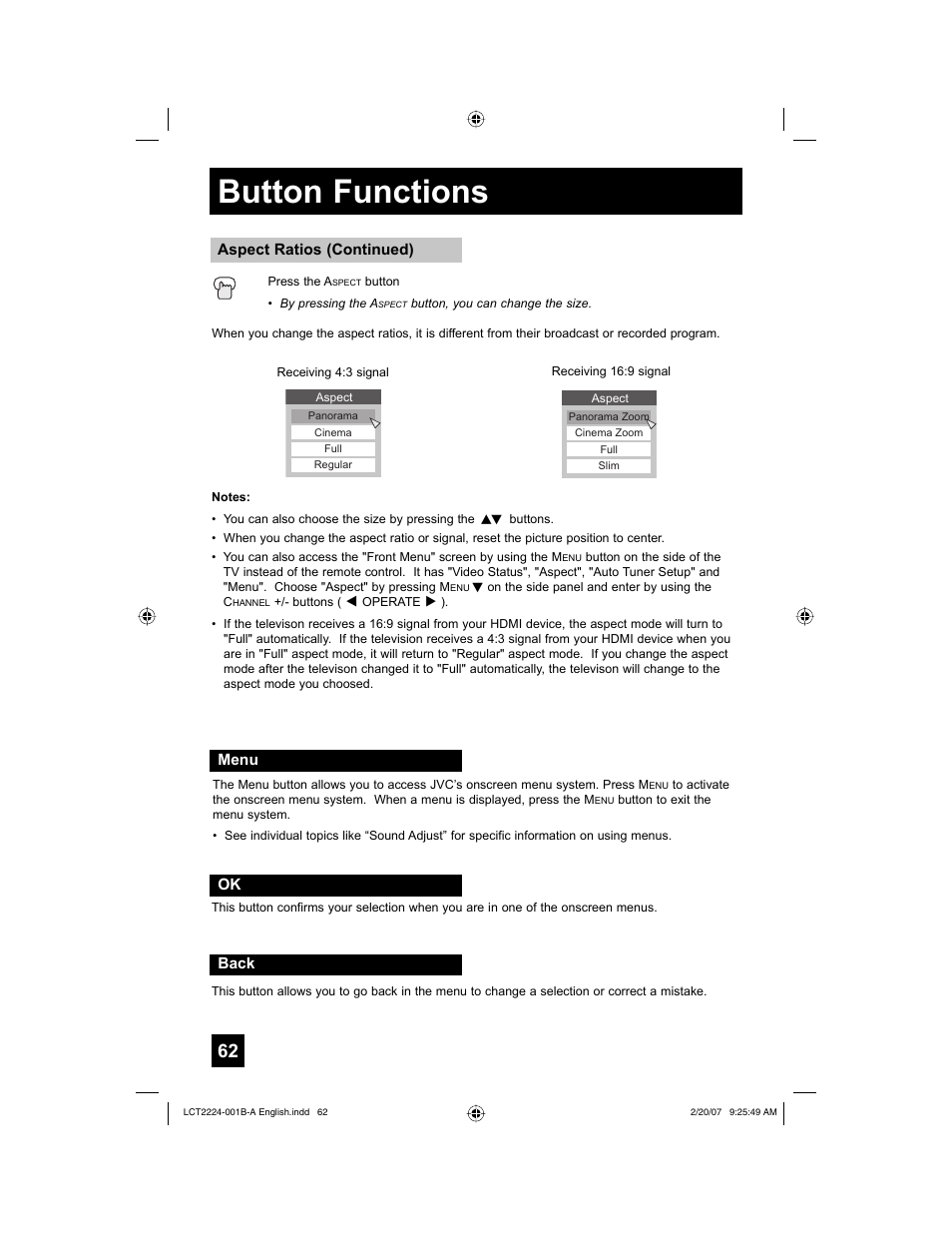 Menu, Back, Button functions | JVC 0207TNH-II-IM User Manual | Page 62 / 72