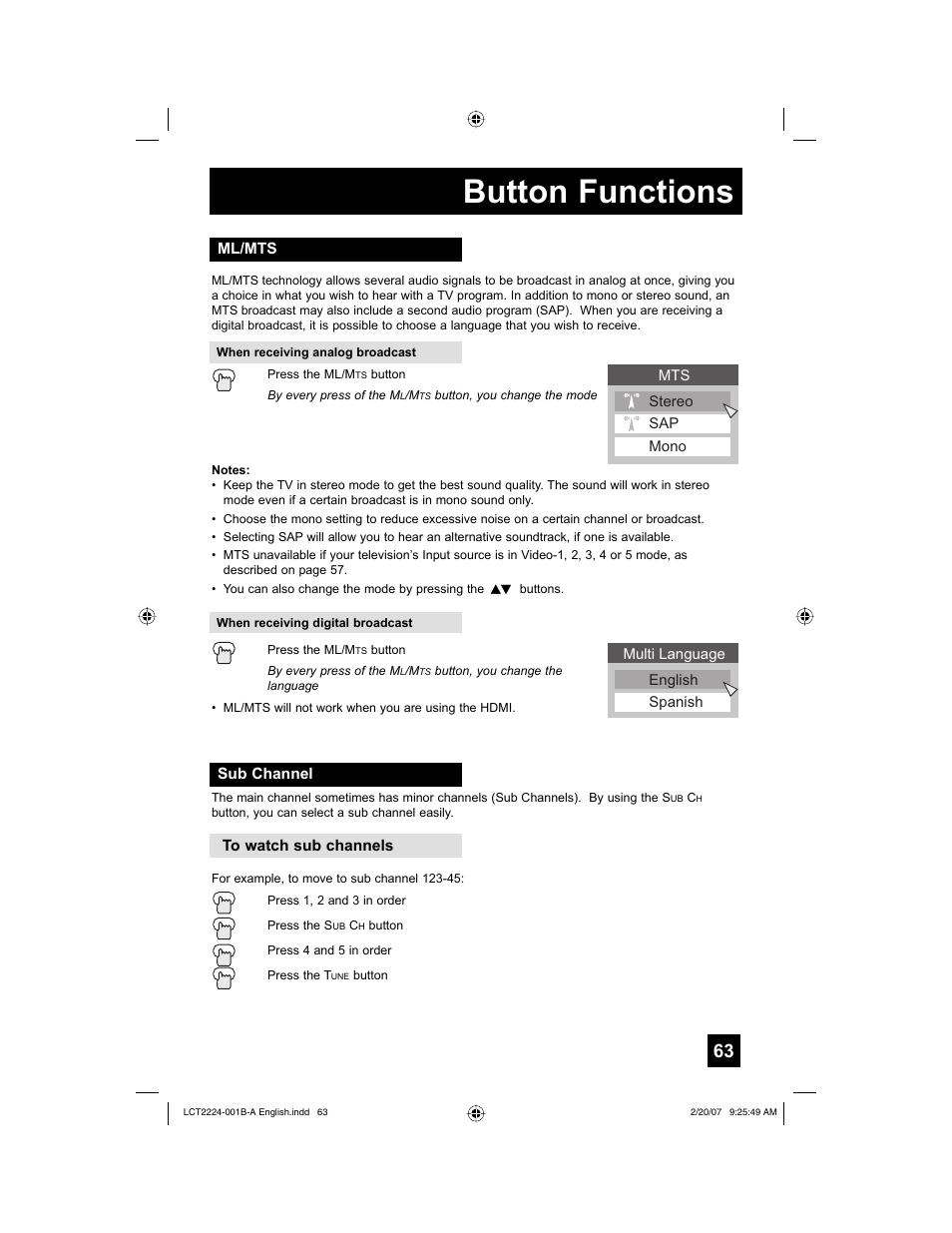 Ml/mts, Sub channel, Button functions | JVC 0207TNH-II-IM User Manual | Page 63 / 72