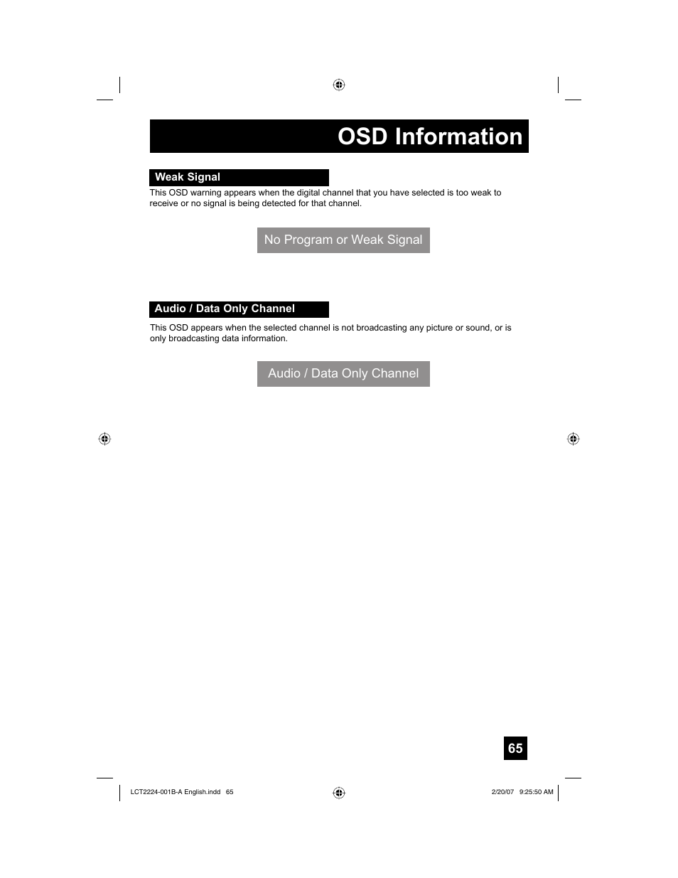 Osd information, Weak signal, Audio / data only channel | JVC 0207TNH-II-IM User Manual | Page 65 / 72