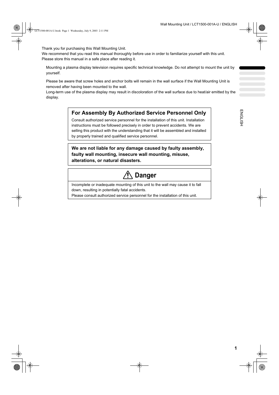 Danger, For assembly by authorized service personnel only | JVC PD-42D30ES User Manual | Page 2 / 7