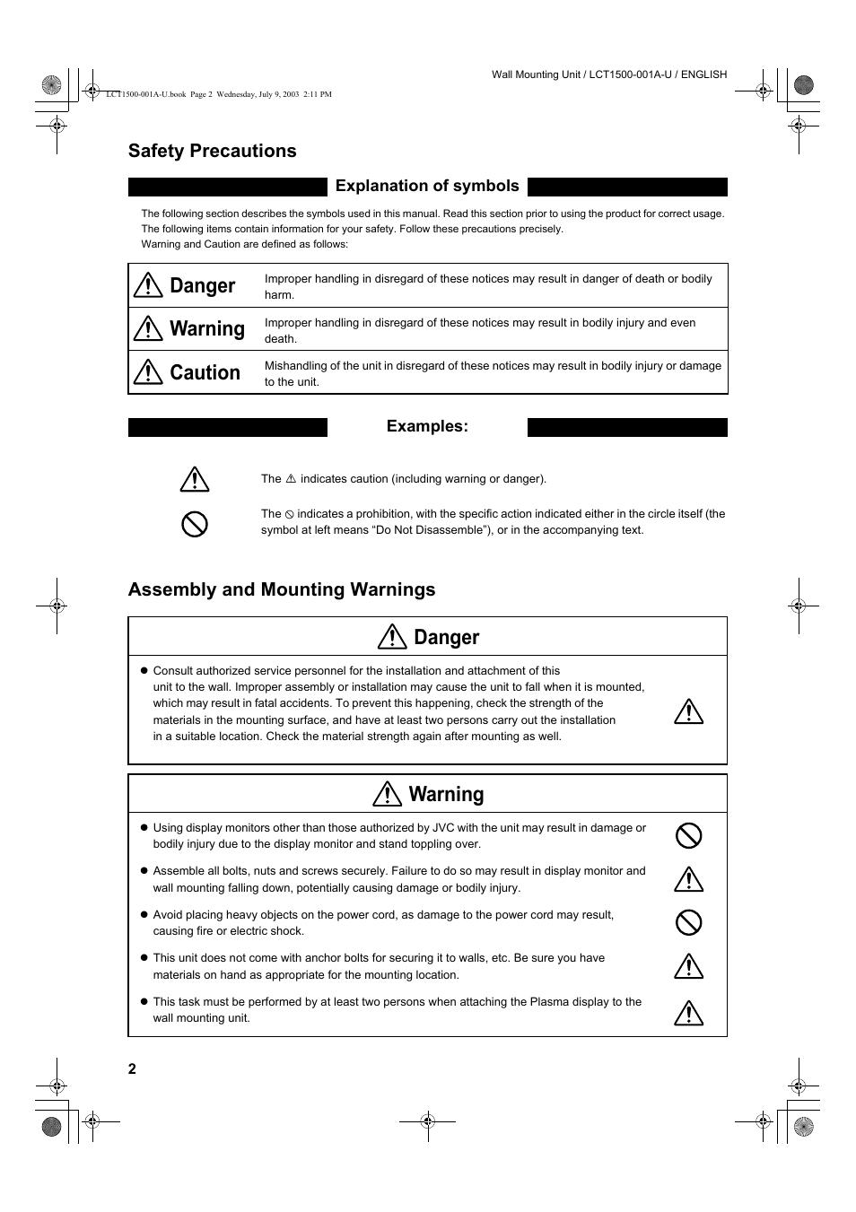 Safety precautions, Assembly and mounting warnings, Danger | Warning, Caution | JVC PD-42D30ES User Manual | Page 3 / 7