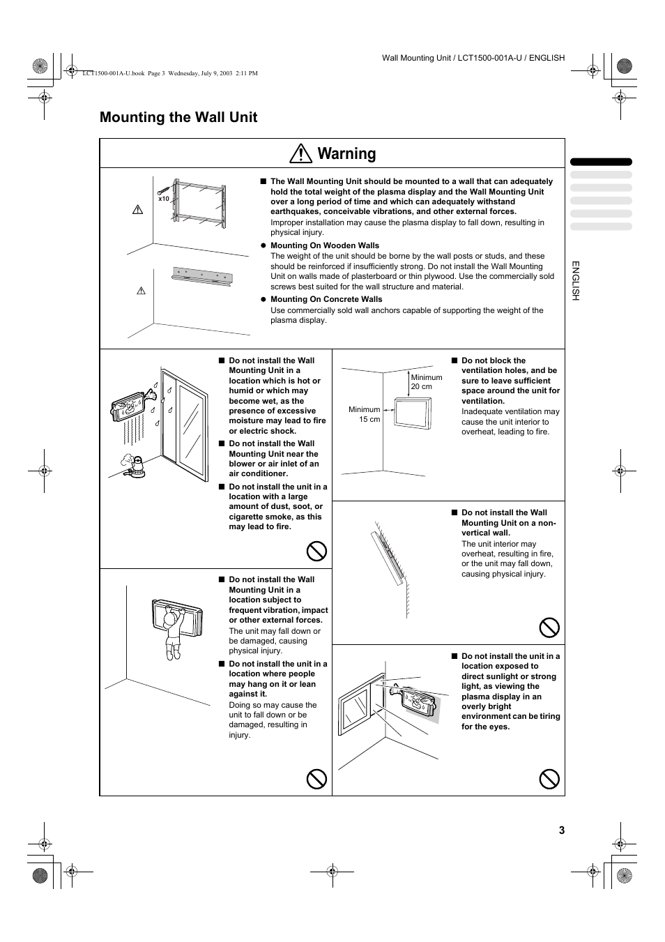 Mounting the wall unit, Warning | JVC PD-42D30ES User Manual | Page 4 / 7