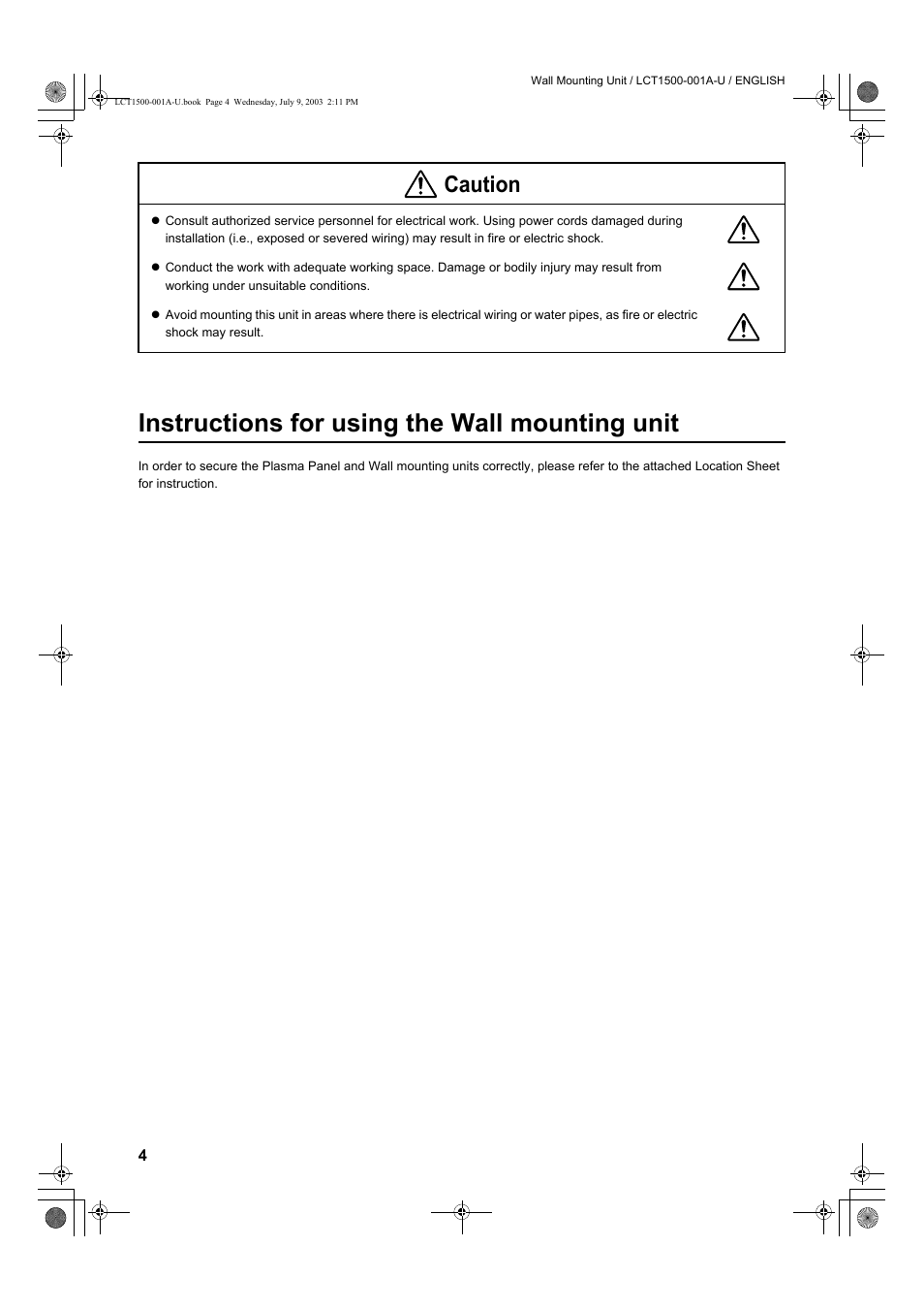 Instructions for using the wall mounting unit, Caution | JVC PD-42D30ES User Manual | Page 5 / 7