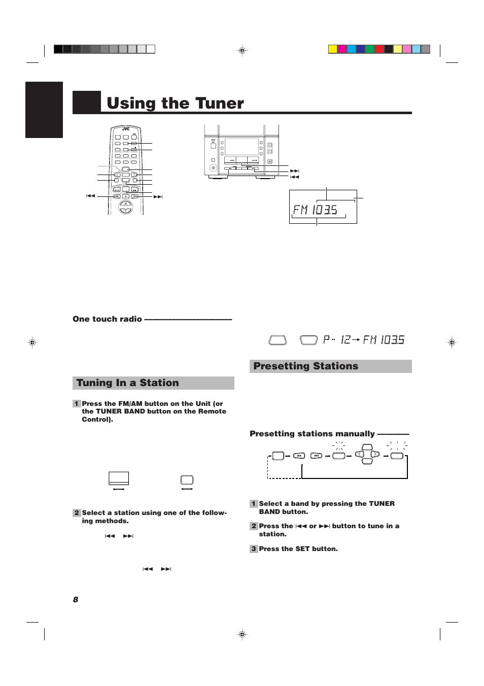 Using the tuner, Tuning in a station, Presetting stations | 8english, One touch radio, Presetting stations manually, Down up multi control | JVC UX-V330R User Manual | Page 12 / 29