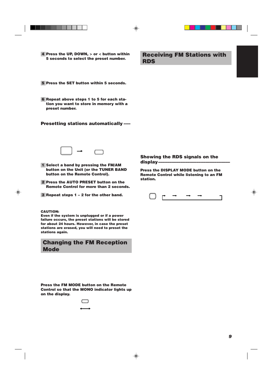 Receiving fm stations with rds, Changing the fm reception mode, 9english | Showing the rds signals on the display, Presetting stations automatically | JVC UX-V330R User Manual | Page 13 / 29