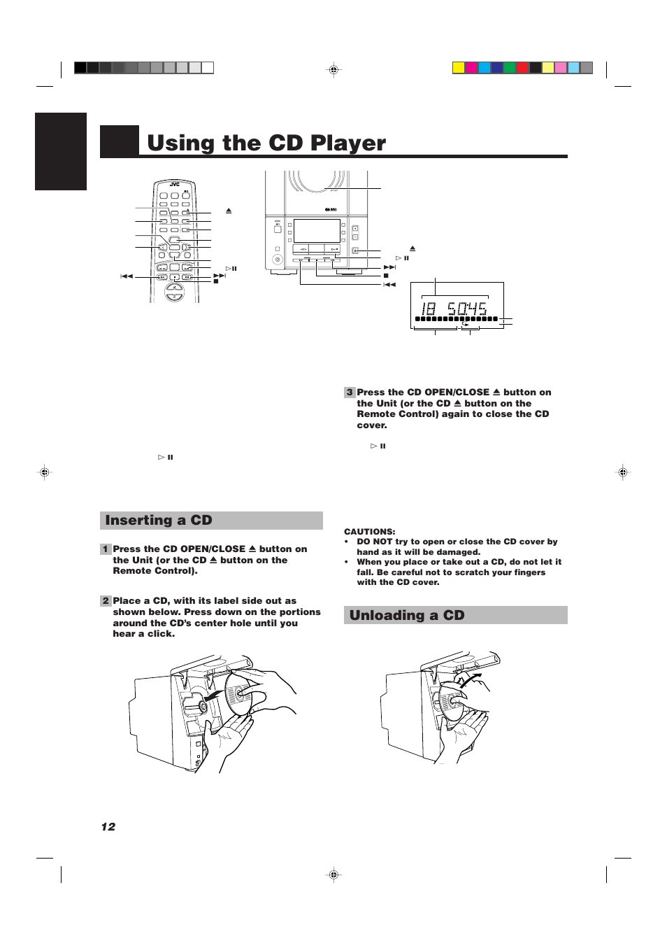 Using the cd player, Inserting a cd, Unloading a cd | 12 english, Down up multi control, Compact digital audio | JVC UX-V330R User Manual | Page 16 / 29