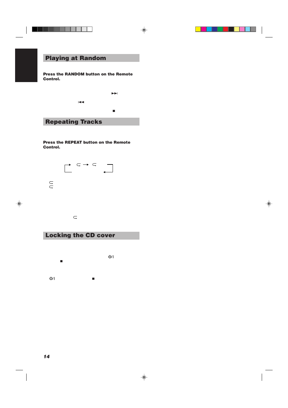 Playing at random, Repeating tracks, Locking the cd cover | 14 english | JVC UX-V330R User Manual | Page 18 / 29