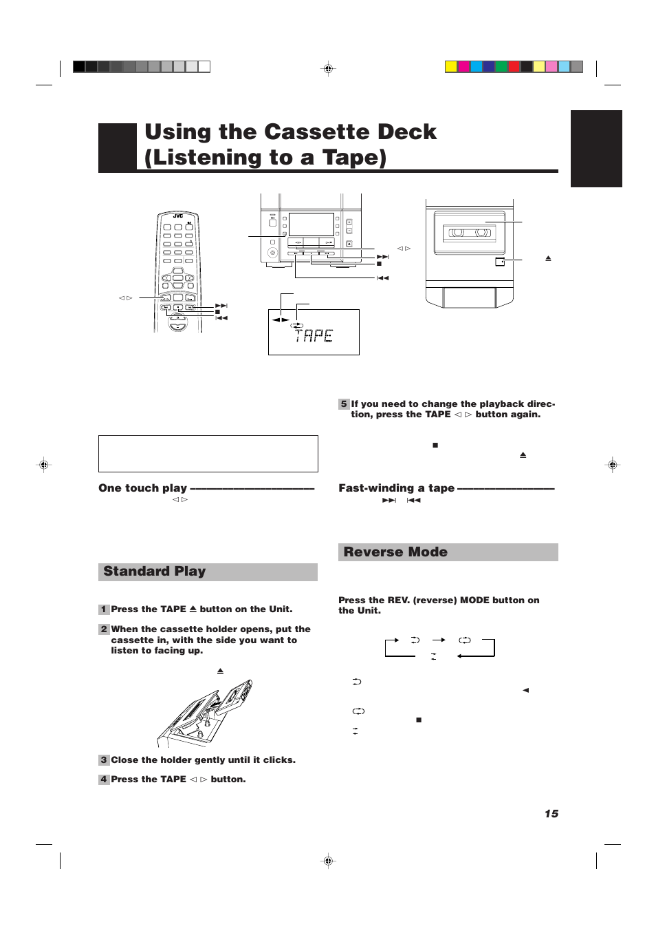 Using the cassette deck (listening to a tape), Standard play, Reverse mode | 15 english, One touch play, Fast-winding a tape, Down up multi control, Press the rev. (reverse) mode button on the unit | JVC UX-V330R User Manual | Page 19 / 29