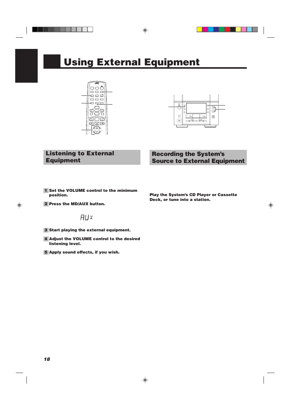 Using external equipment, Listening to external equipment, 18 english | Down up multi control | JVC UX-V330R User Manual | Page 22 / 29