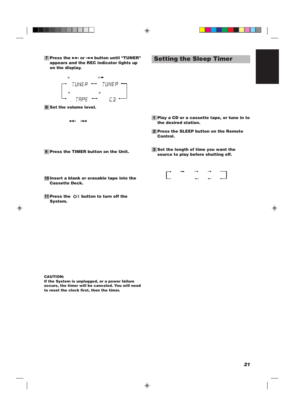 Setting the sleep timer, 21 english | JVC UX-V330R User Manual | Page 25 / 29