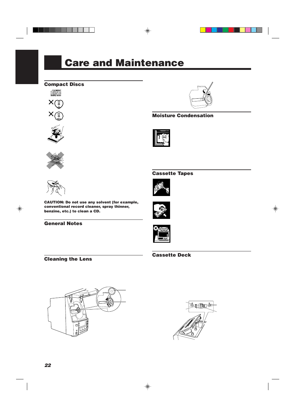 Care and maintenance, 22 english, Moisture condensation | Cassette tapes, Cassette deck, Compact discs, Cleaning the lens | JVC UX-V330R User Manual | Page 26 / 29