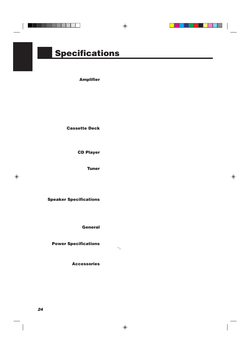 Specifications, 24 english, Amplifier | Cassette deck, Cd player, Tuner, Speaker specifications, General, Power specifications, Accessories | JVC UX-V330R User Manual | Page 28 / 29