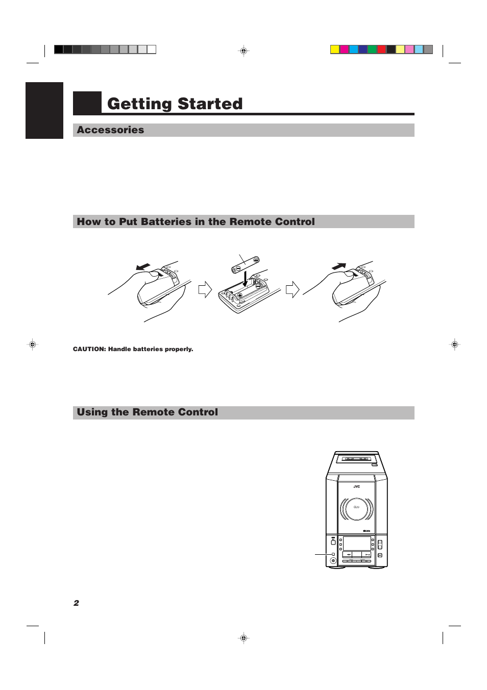 Getting started, Accessories, How to put batteries in the remote control | Using the remote control | JVC UX-V330R User Manual | Page 6 / 29