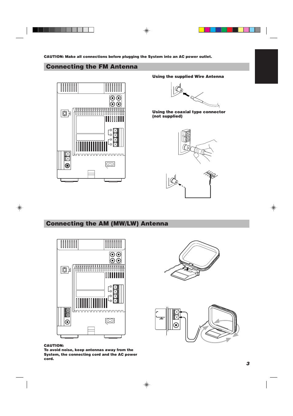 Connecting the fm antenna, Connecting the am (mw/lw) antenna, 3english | JVC UX-V330R User Manual | Page 7 / 29