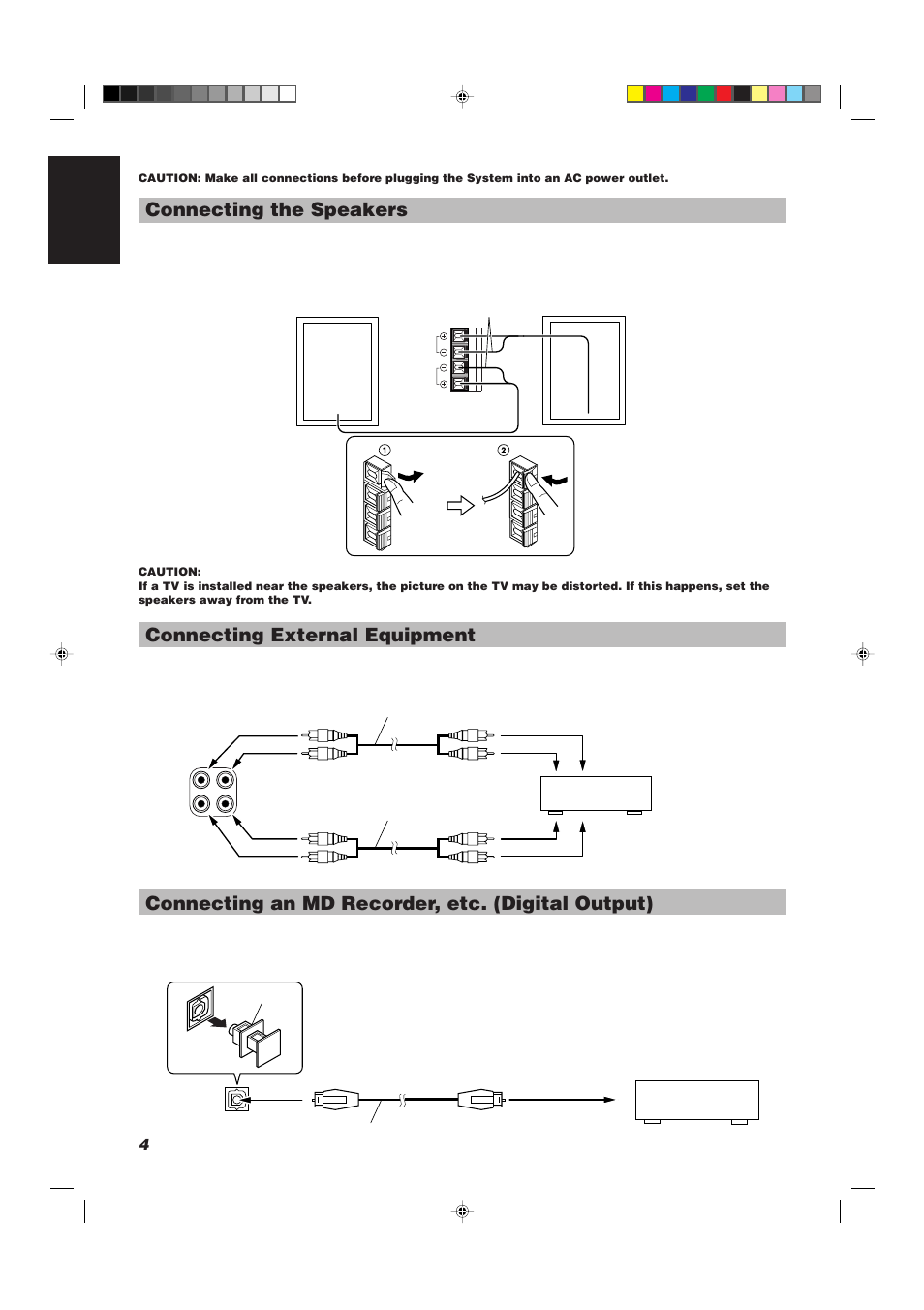 Connecting the speakers, Connecting external equipment, Connecting an md recorder, etc. (digital output) | 4english | JVC UX-V330R User Manual | Page 8 / 29