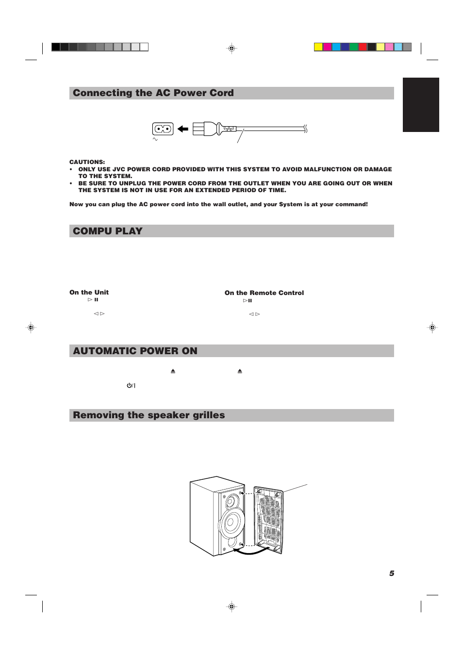 Connecting the ac power cord, Compu play, Automatic power on | Removing the speaker grilles | JVC UX-V330R User Manual | Page 9 / 29