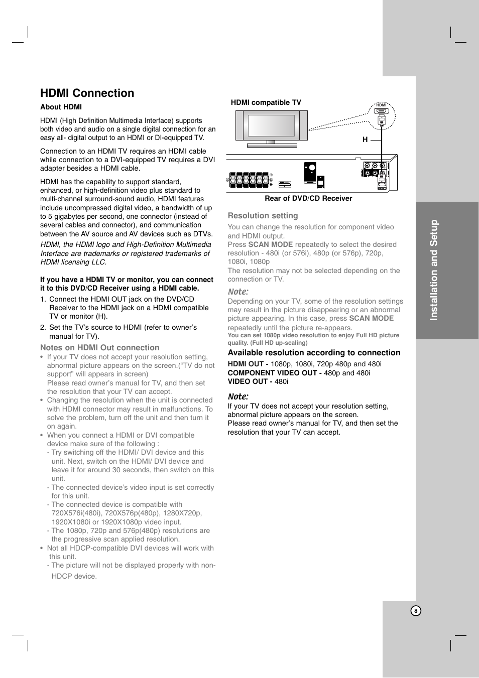 Hdmi connection, Installation and setup | JVC SP-THG61F User Manual | Page 11 / 29