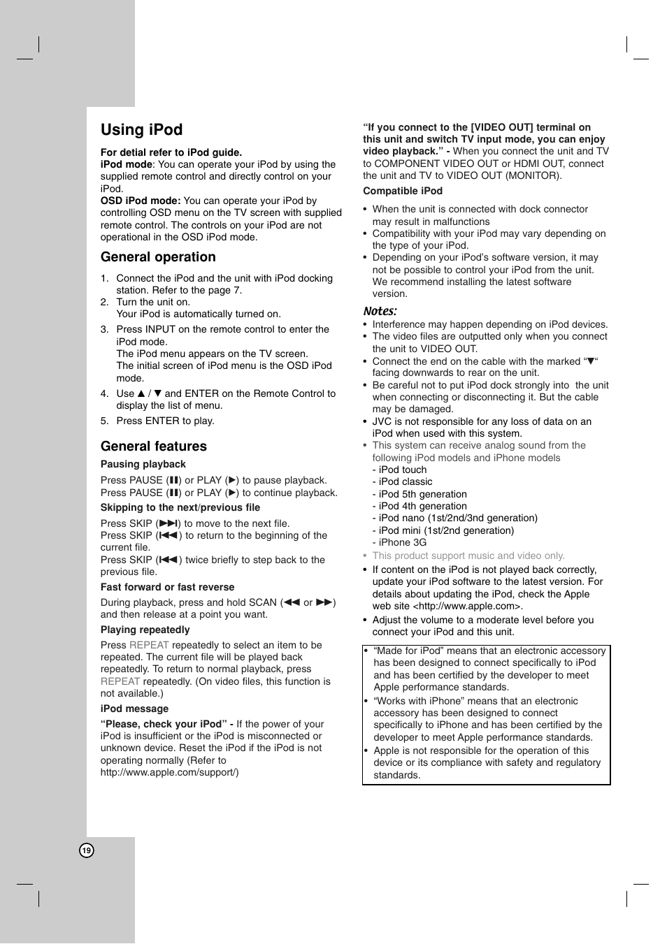 Using ipod, General operation, General features | JVC SP-THG61F User Manual | Page 22 / 29