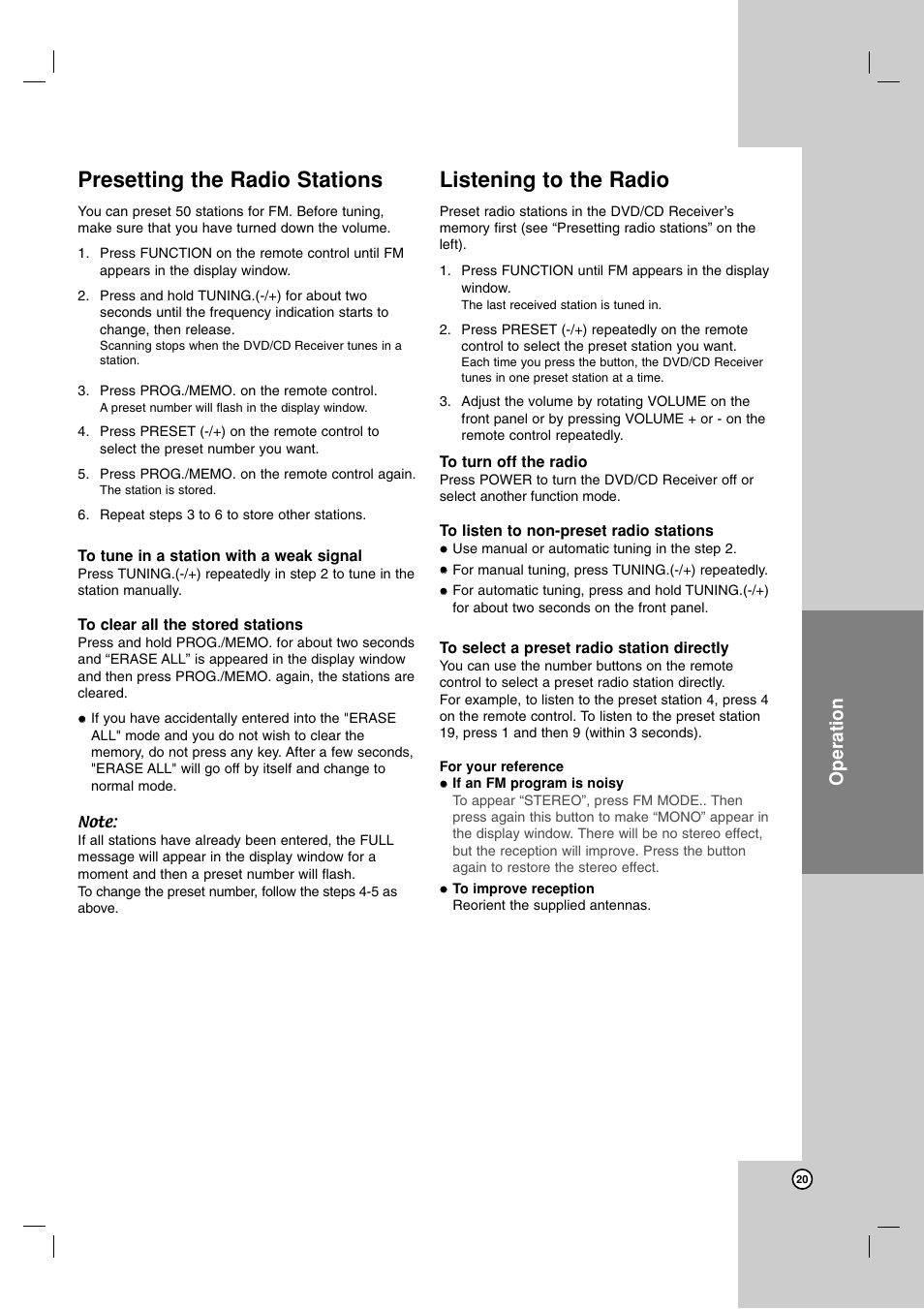 Presetting the radio stations, Listening to the radio, Operation | JVC SP-THG61F User Manual | Page 23 / 29