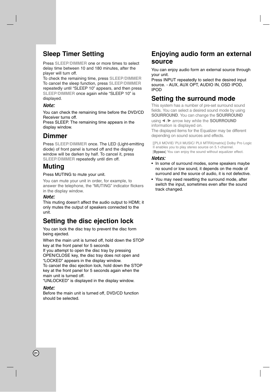 Sleep timer setting, Dimmer, Muting | Setting the disc ejection lock, Enjoying audio form an external source, Setting the surround mode | JVC SP-THG61F User Manual | Page 24 / 29