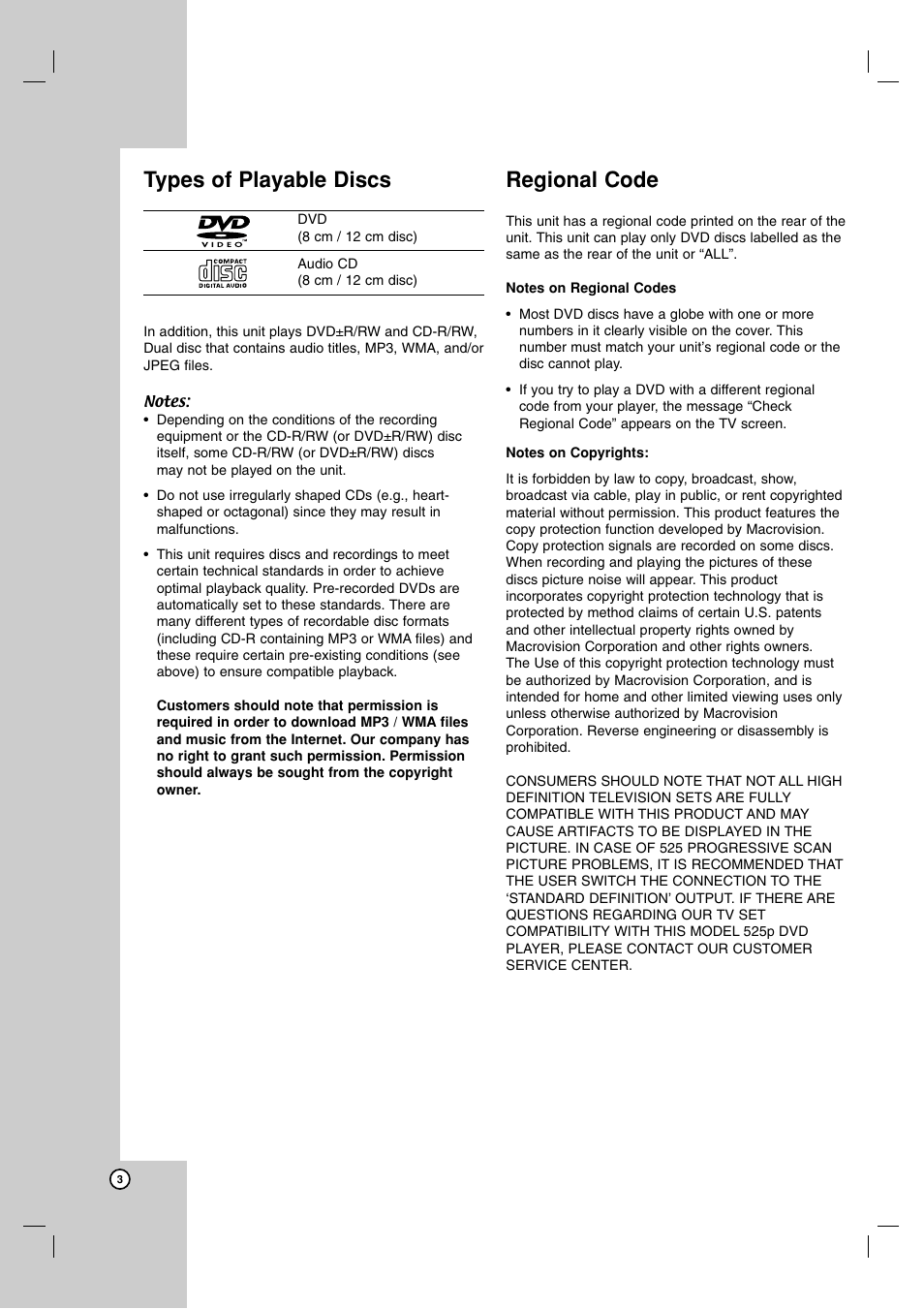 Types of playable discs, Regional code | JVC SP-THG61F User Manual | Page 6 / 29